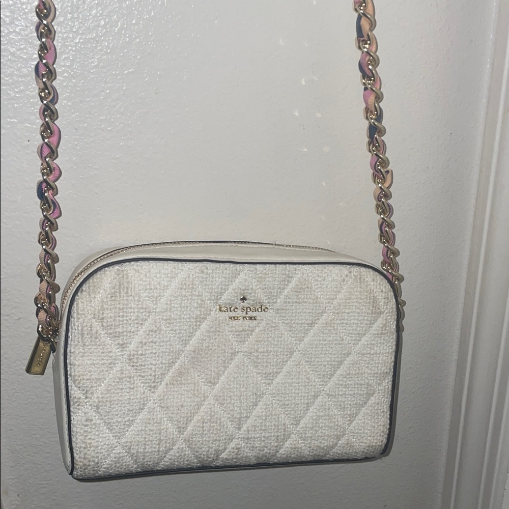 Kate Spade Cream Quilted Crossbody Bag with Pink Chain